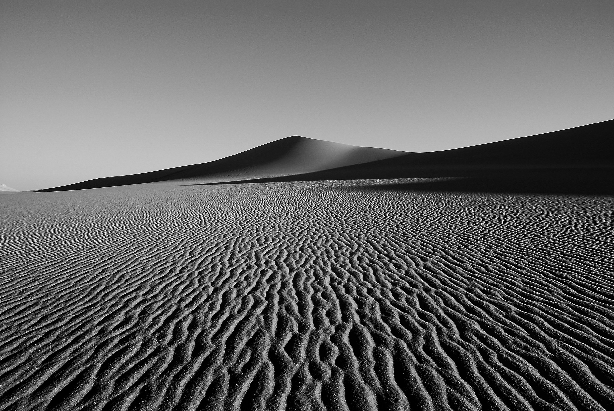 black and white, high contrasted landscape photography of a sand dune in the desert