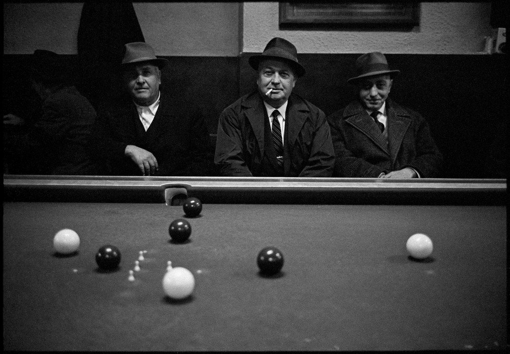 Men playing billiards, Town of Caltanissetta, Sicily, 1963, Bruno Barbey