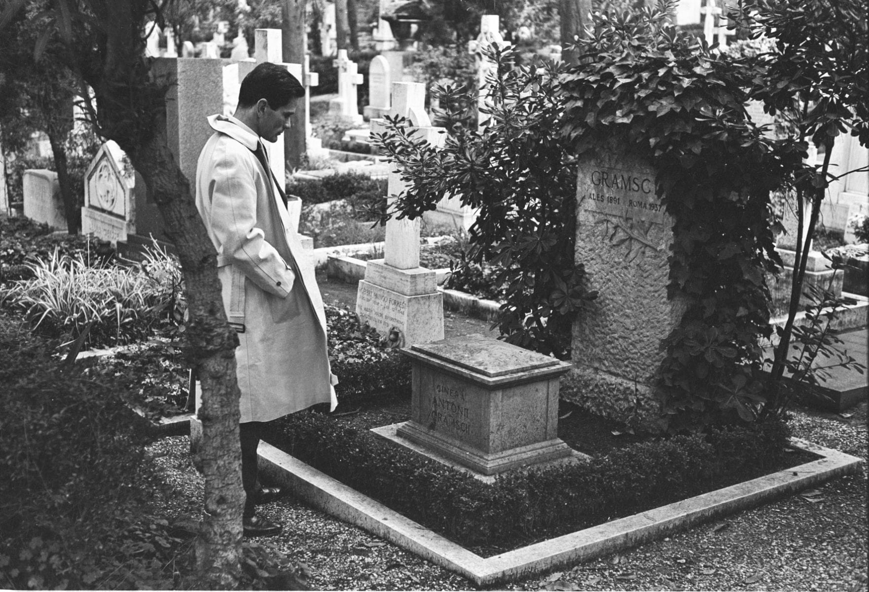 Black and White Photography Paolo Pasolini at the grave of Antonio Gramsci, Rome, 1954