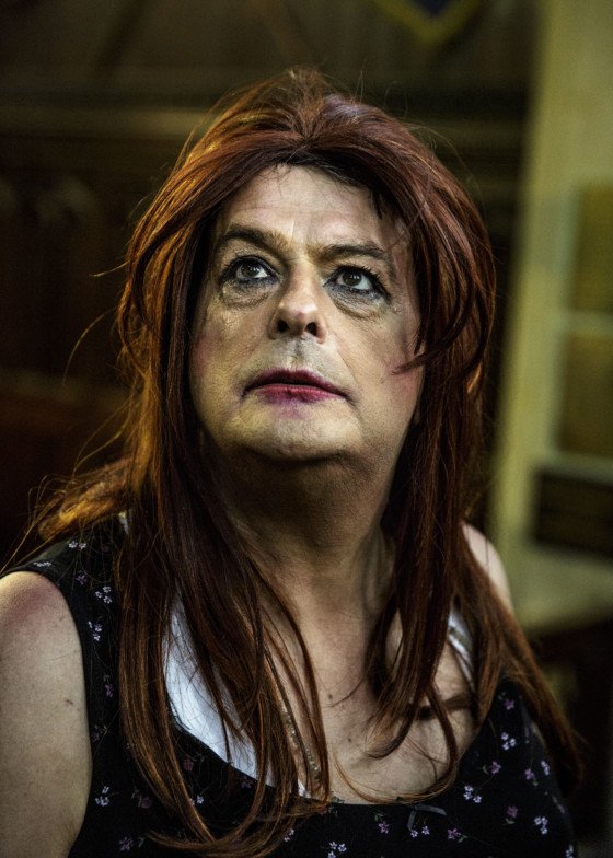Dolores (David Shaylers transvestite femme persona) in a church. Paul the apostle writes “nor is there male and female, for you are all one in Christ Jesus”