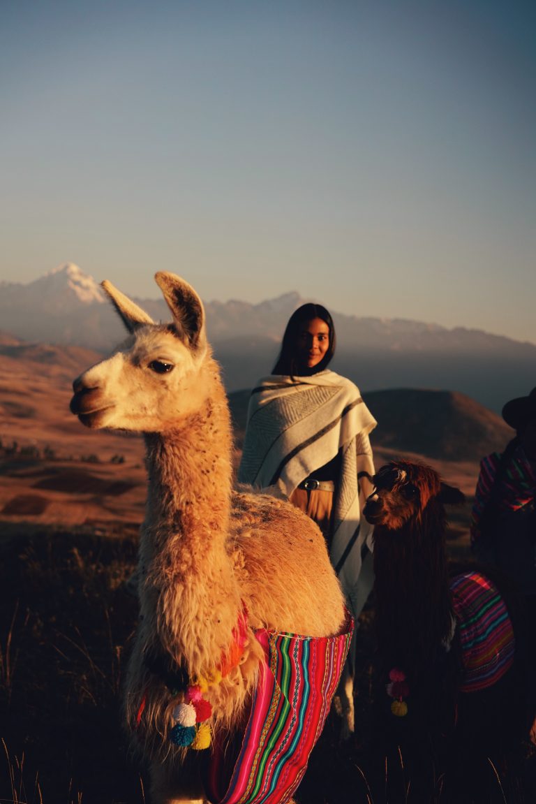 Photographie de voyage couleur par Pia Riverola, woman riding Lama, Andes, Pérou