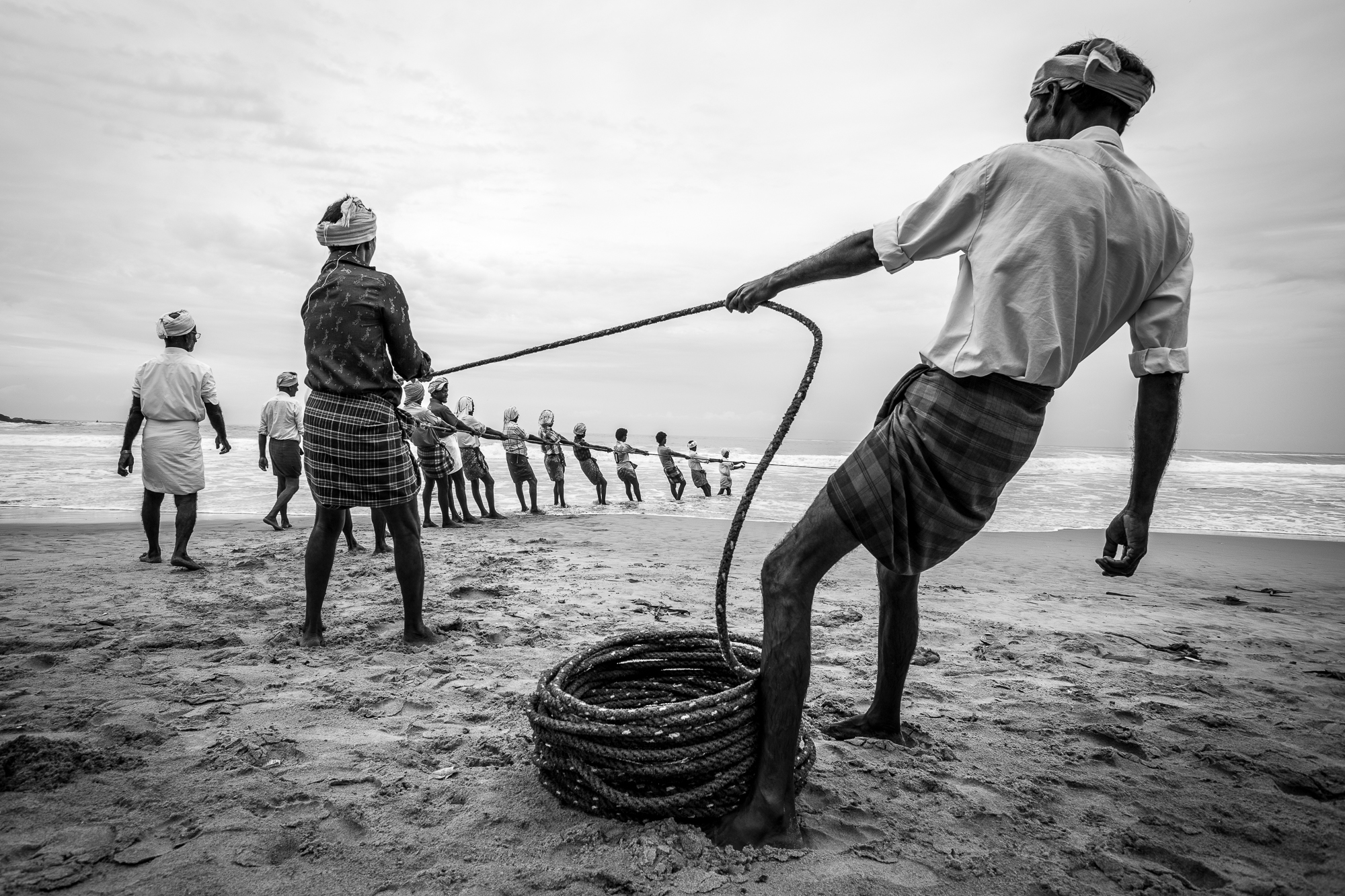 Black and white photograph, documentary, fishermen, kerala, india