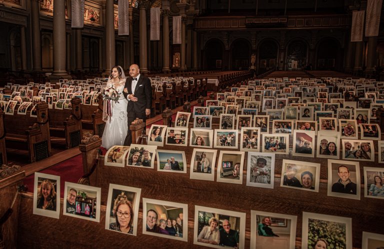 Color photograph of a father and daughter in an empty church during wedding in corona virus pandemic - Visual Storytelling Award