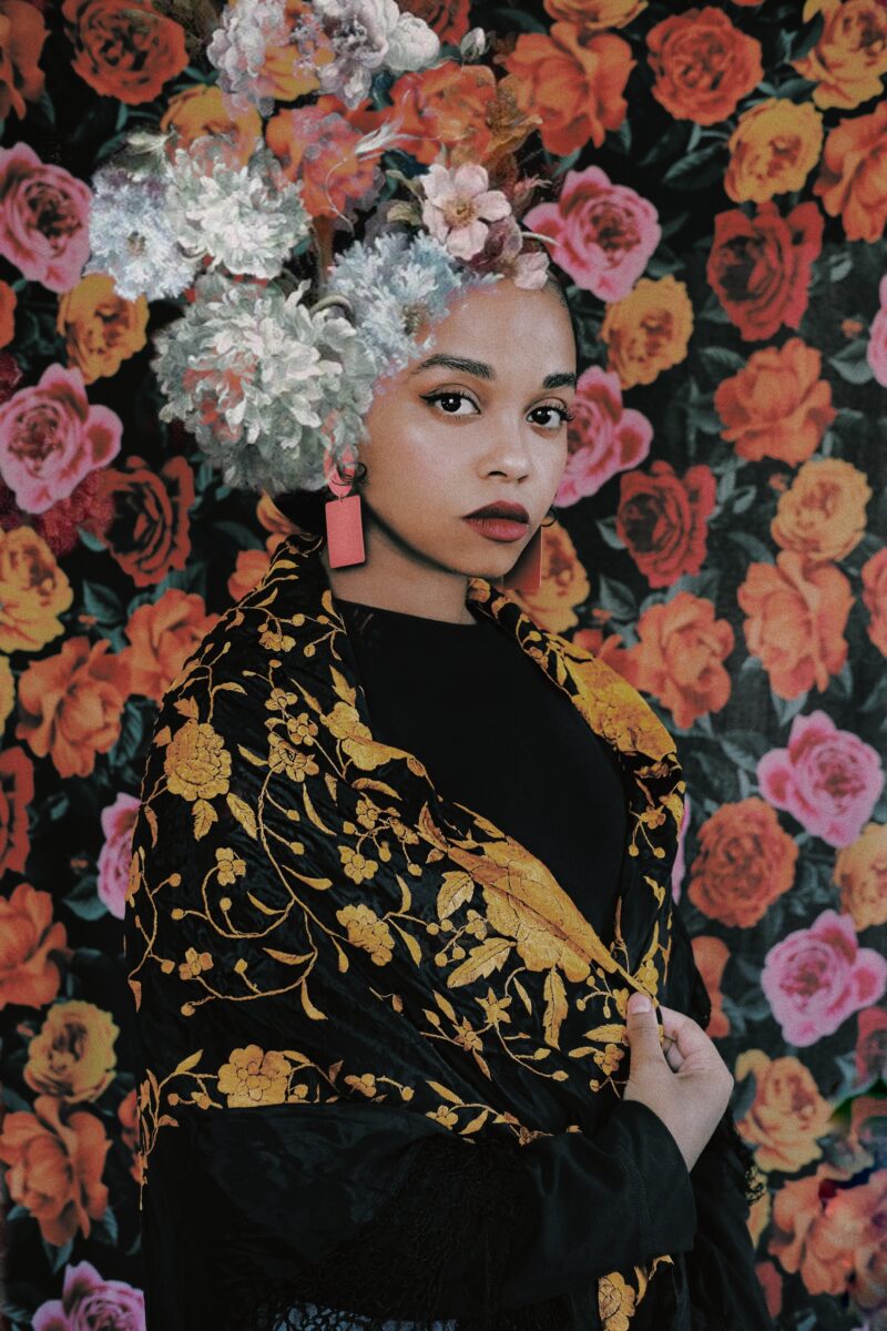 color self portrait of a woman with a colorful dress