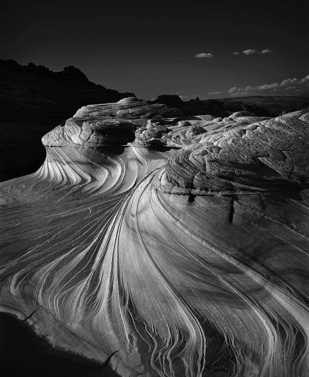 black and white landscape photograph of vermillion cliffs in California by Kodiak Greenwood