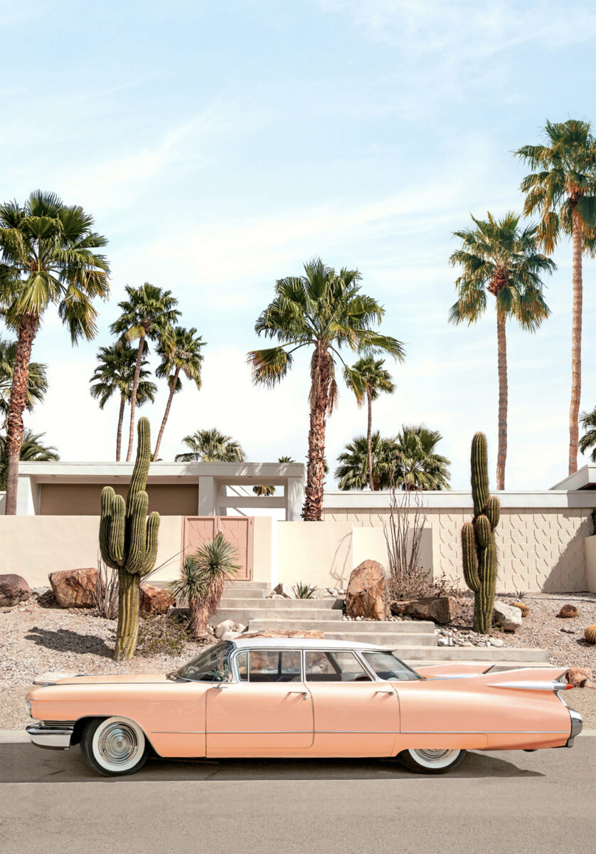 color photo of pink cadillac and palm trees in Palm Springs by Paul Fuentes