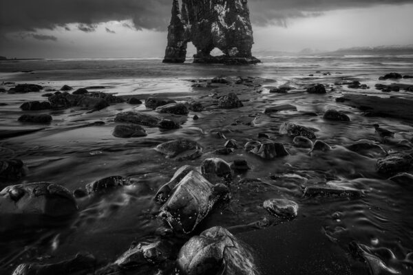 black and white landscape photo of the coast at Hvitserkur, Iceland by Stefano Balma
