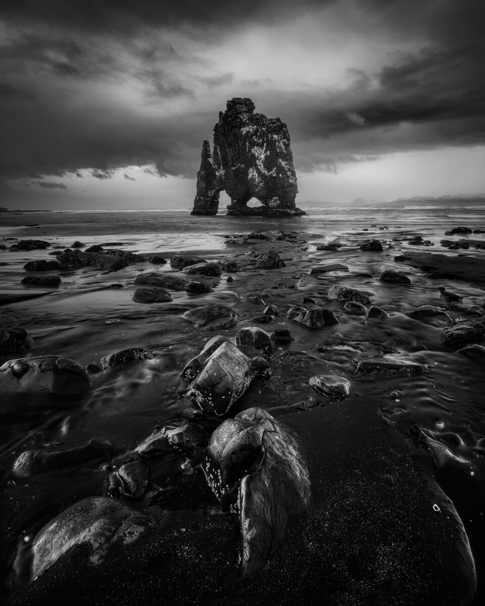 black and white landscape photo of the coast at Hvitserkur, Iceland by Stefano Balma