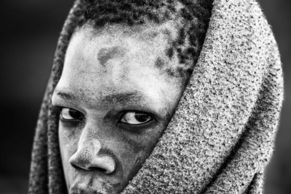 Black and White award portrait of Young Mundari boy in Soputh Sudan by Trevor Cole