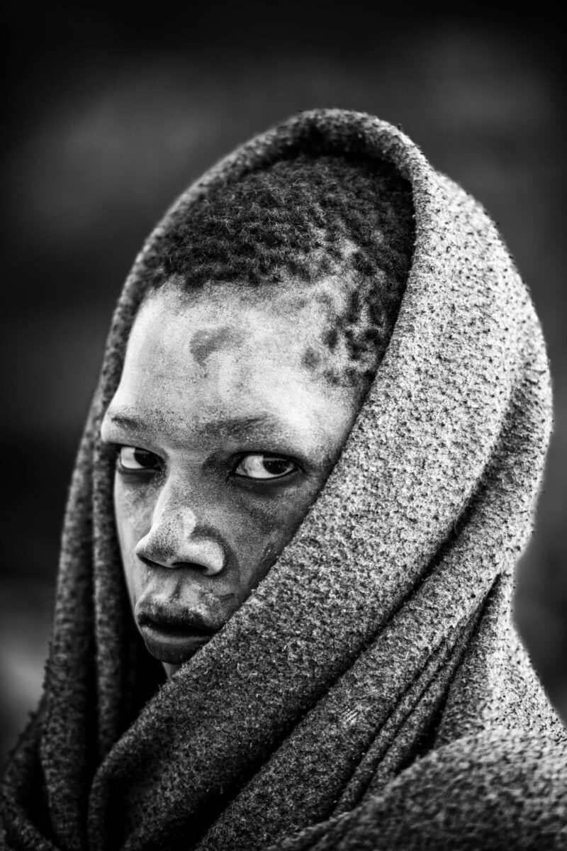 Black and White award portrait of Young Mundari boy in Soputh Sudan by Trevor Cole
