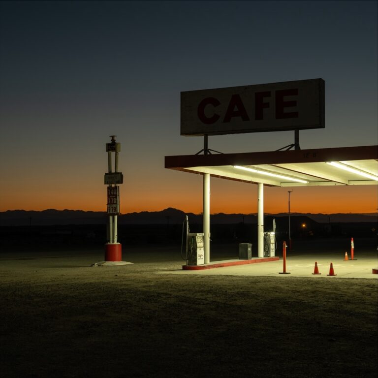 Color landscape photography by Bill Holderfield. gas station and sunset