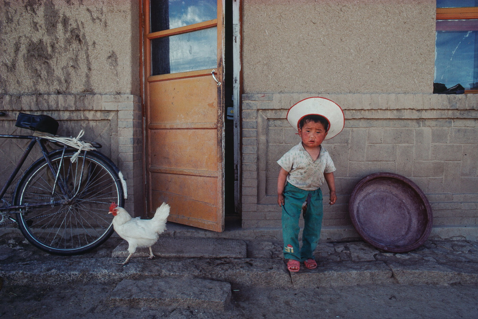 color street photography of small boy and rooster in Mongolia by Morten Gåsvand