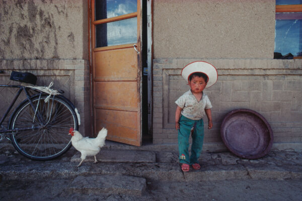 color street photography of small boy and rooster in Mongolia by Morten Gåsvand