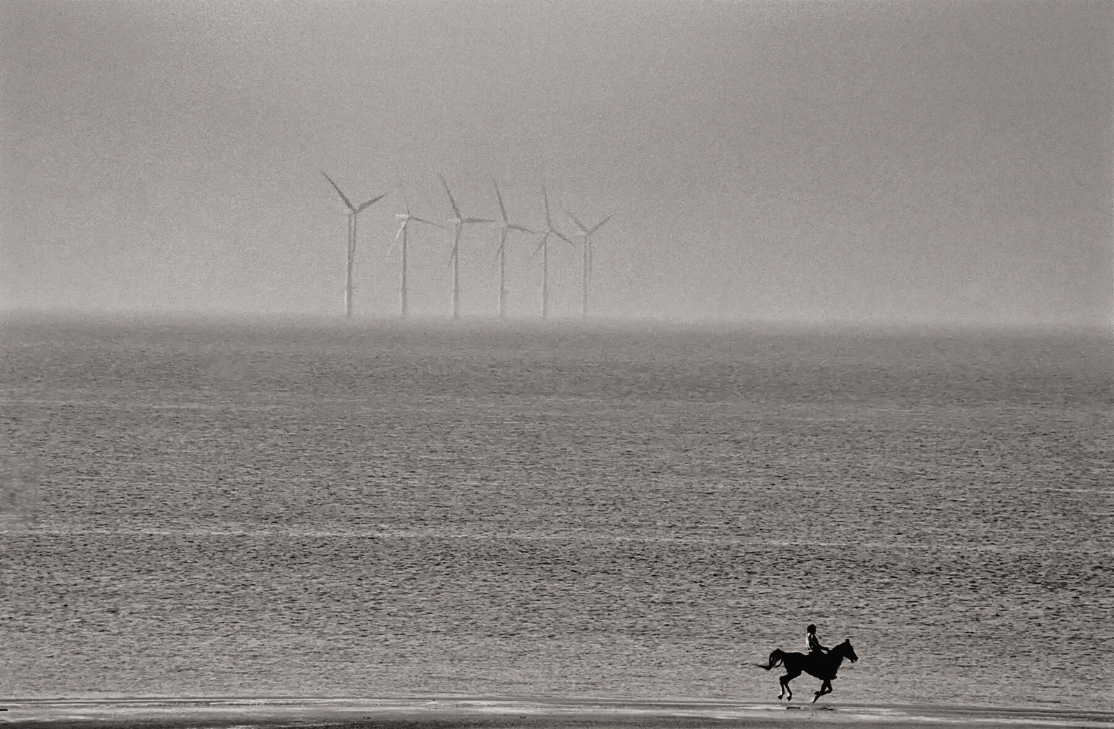Black & white photography by Ian Berry. A woman rides a horse on the beach in wales with wind turbines in the distance