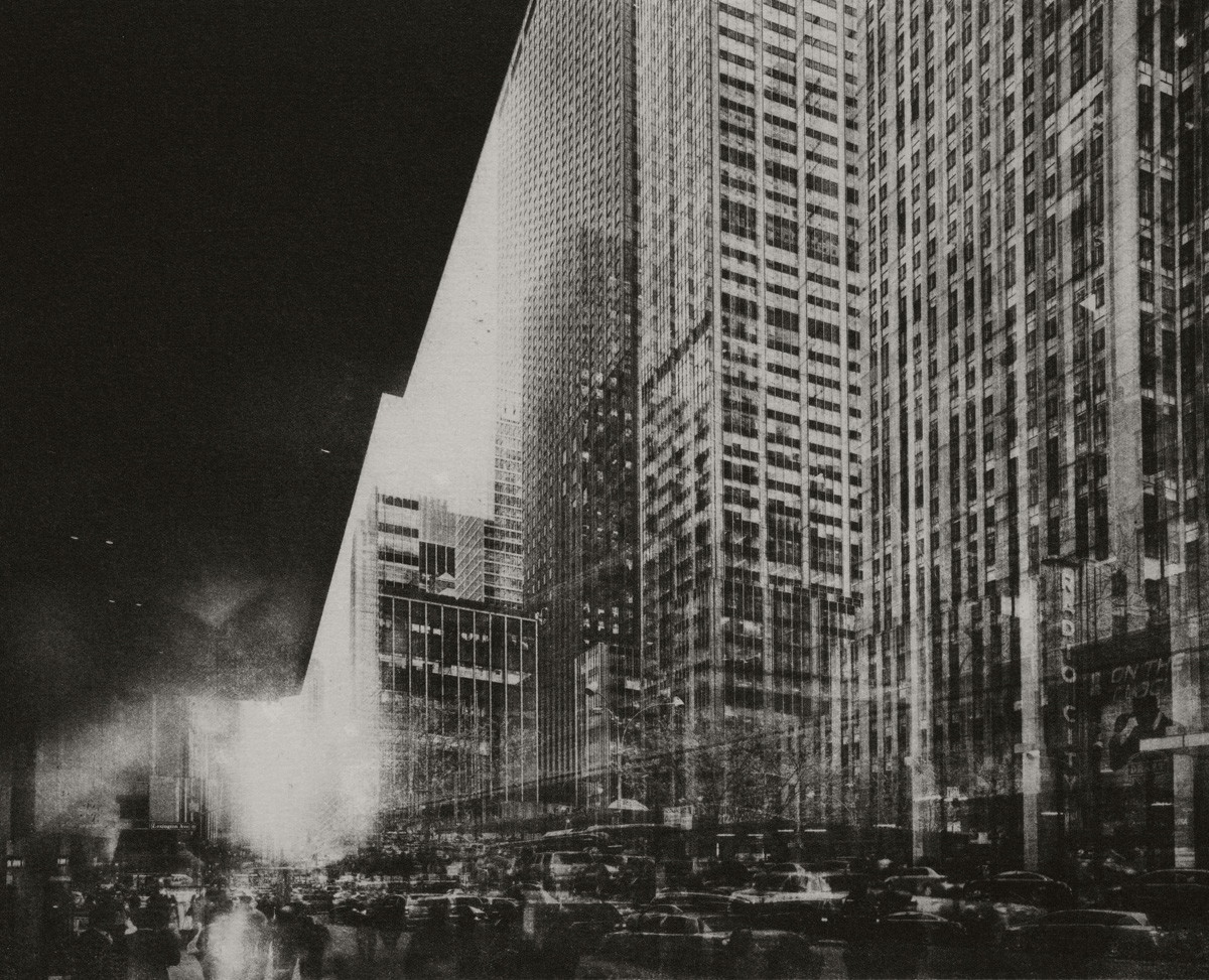 Black and white double exposure photo of New York city street traffic by Igor Panitz