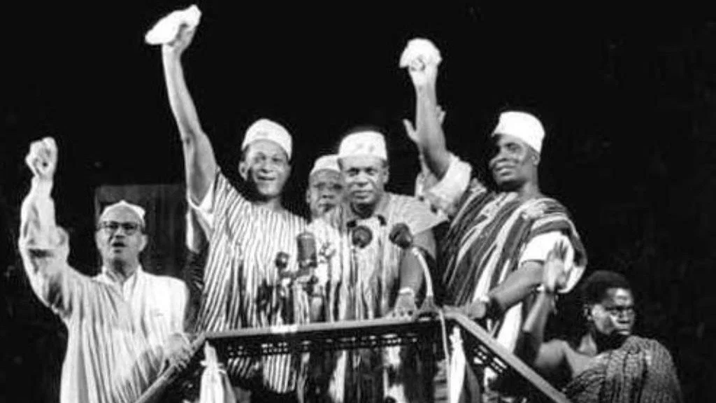 Black and white photo of a group of men declaring independence for Ghana