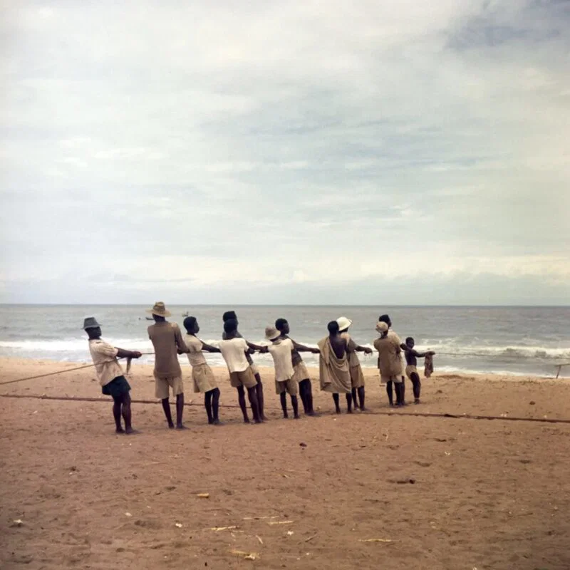 Color photo of men pulling fishing nets on a beach in Ghana by Todd Webb
