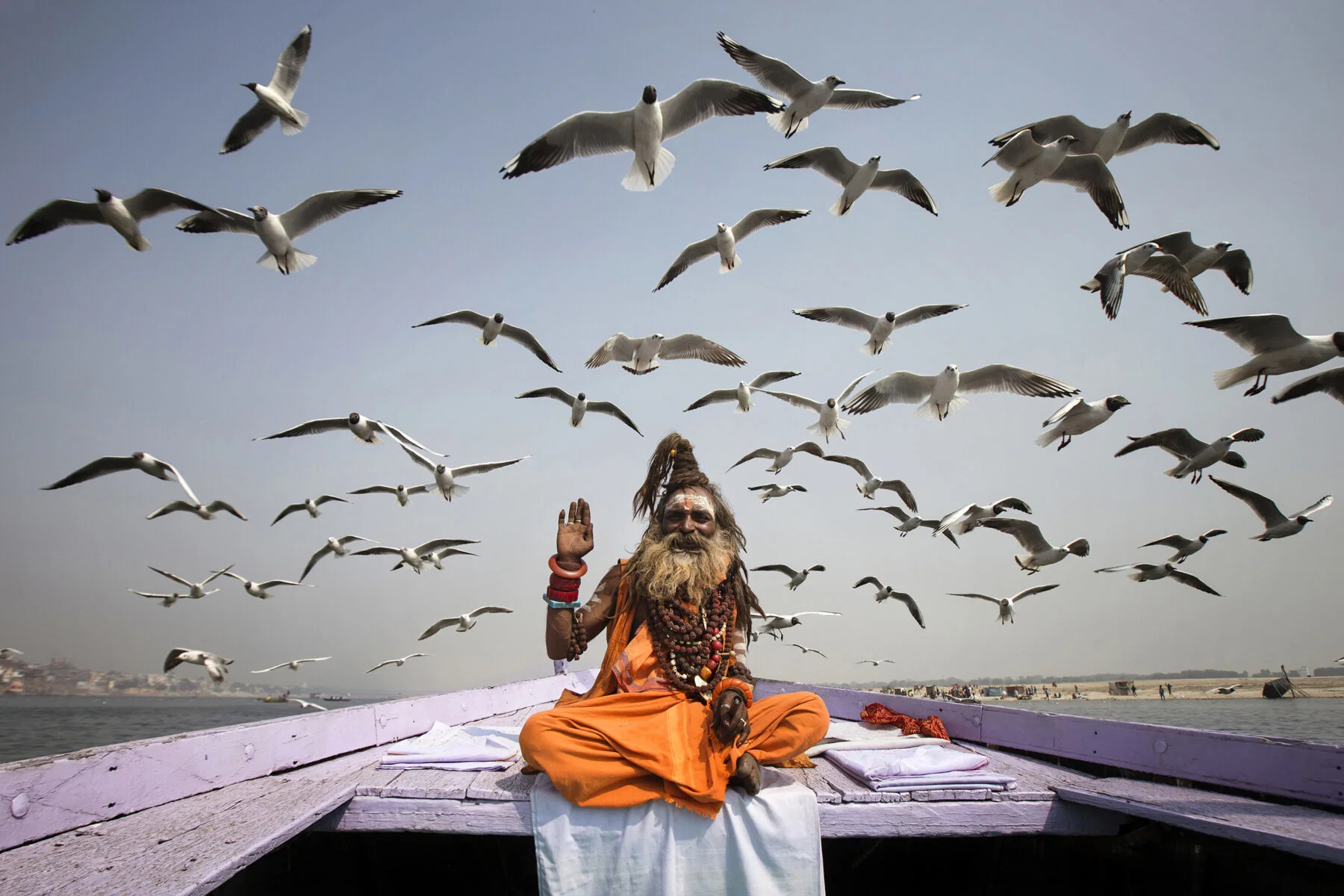 Color travel photo of Sadhu and Seagulls in Varanasi, India by Neşe Ari